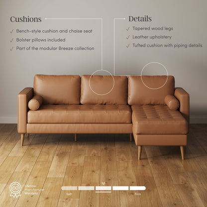 Divano Breeze Mid Century Modern, divano in pelle con cuscino trapuntato e struttura in legno massello