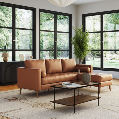 Divano Breeze Mid Century Modern, divano in pelle con cuscino trapuntato e struttura in legno massello