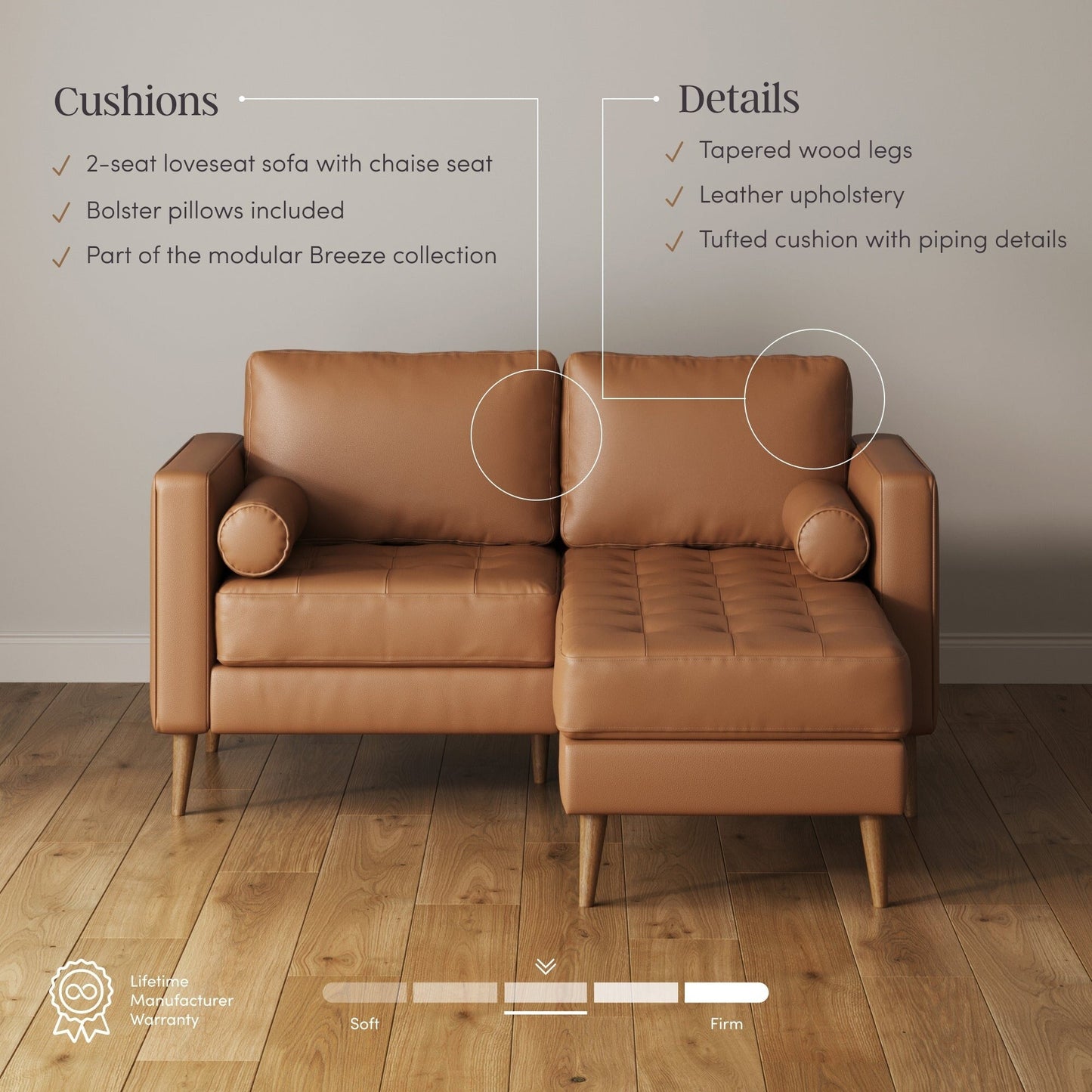 Divano Breeze Mid Century Modern, divano in pelle con cuscino trapuntato e struttura in legno massello