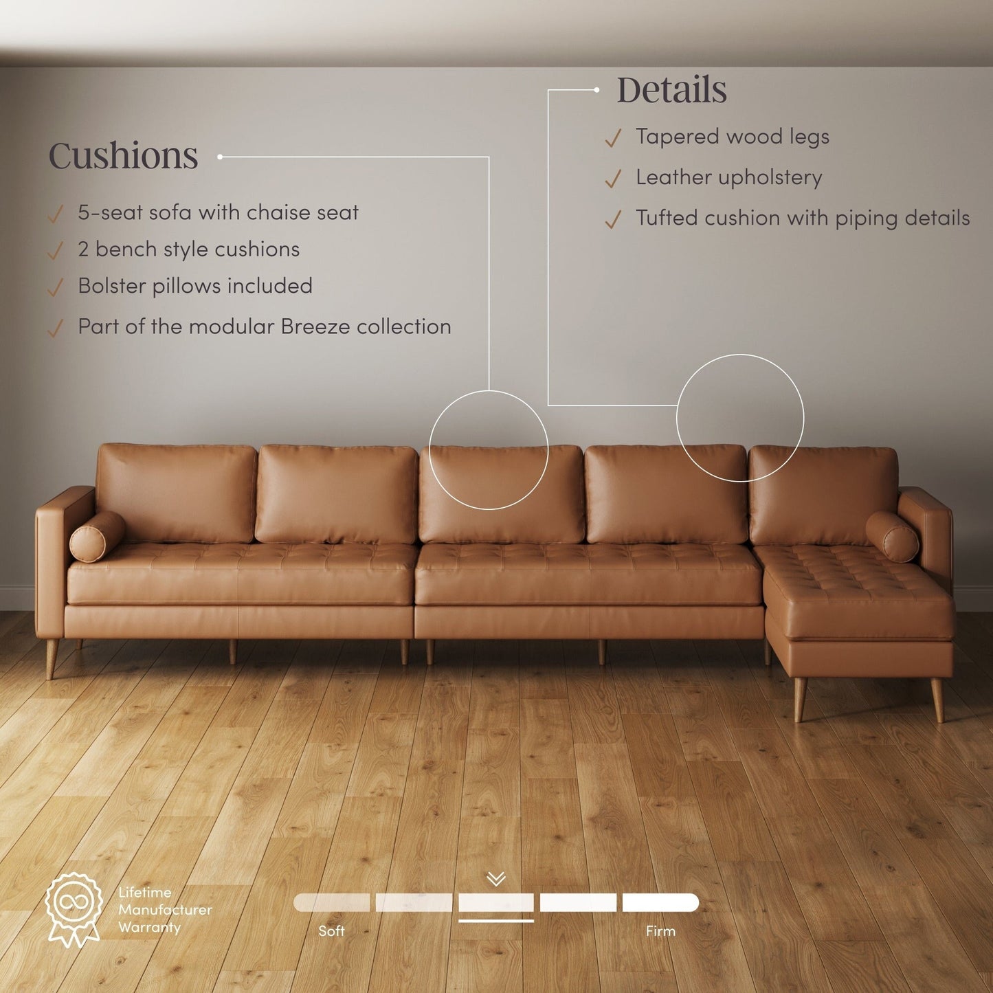 Divano Breeze Mid Century Modern, divano in pelle con cuscino trapuntato e struttura in legno massello