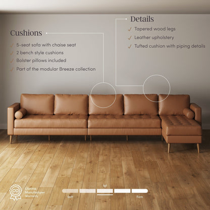 Divano Breeze Mid Century Modern, divano in pelle con cuscino trapuntato e struttura in legno massello