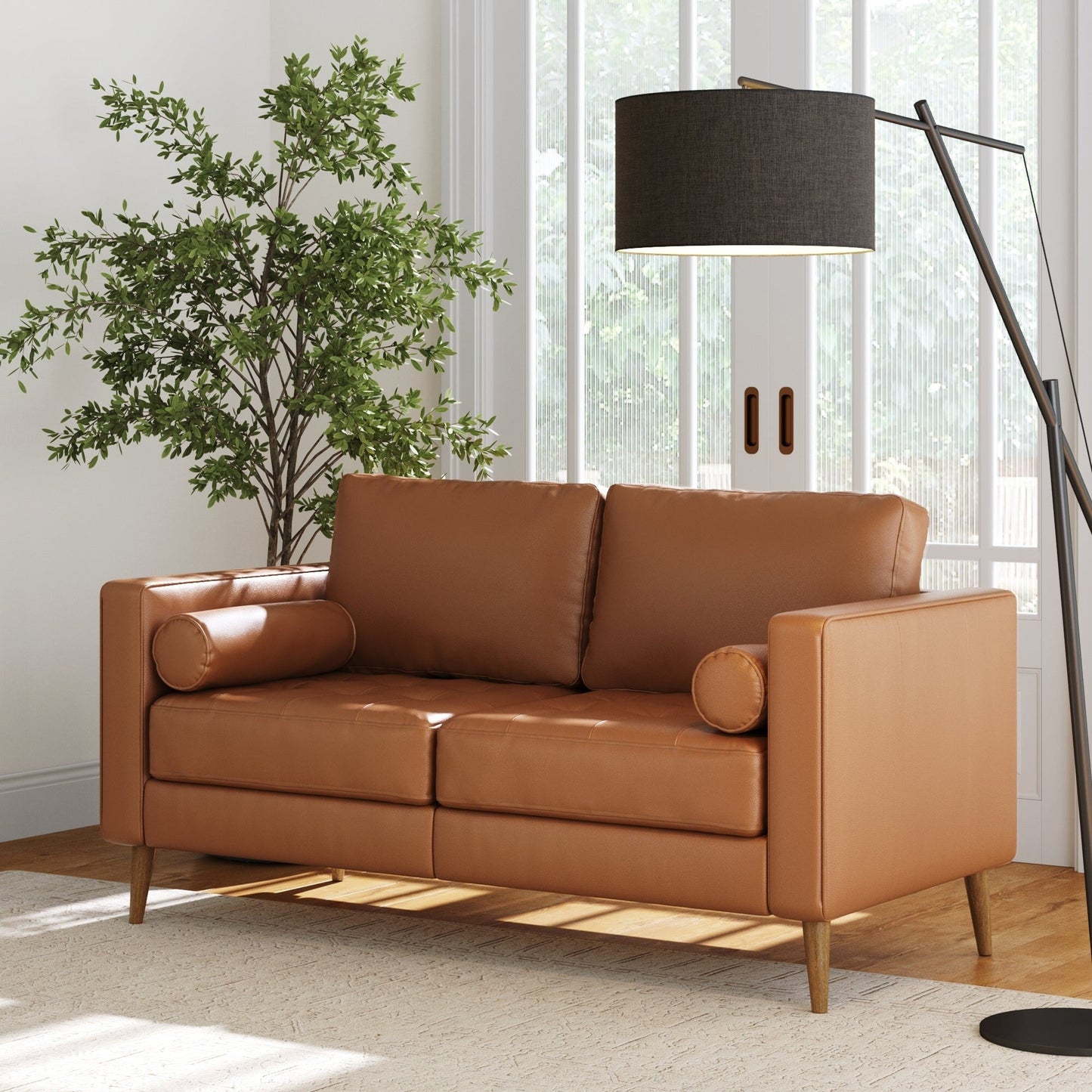 Divano Breeze Mid Century Modern, divano in pelle con cuscino trapuntato e struttura in legno massello