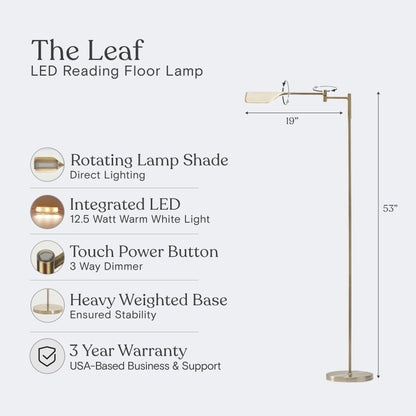 Lampada da terra a LED Brightech Leaf da 53 pollici con dimmer industriale a 3 vie e paralume Empire in metallo ottone