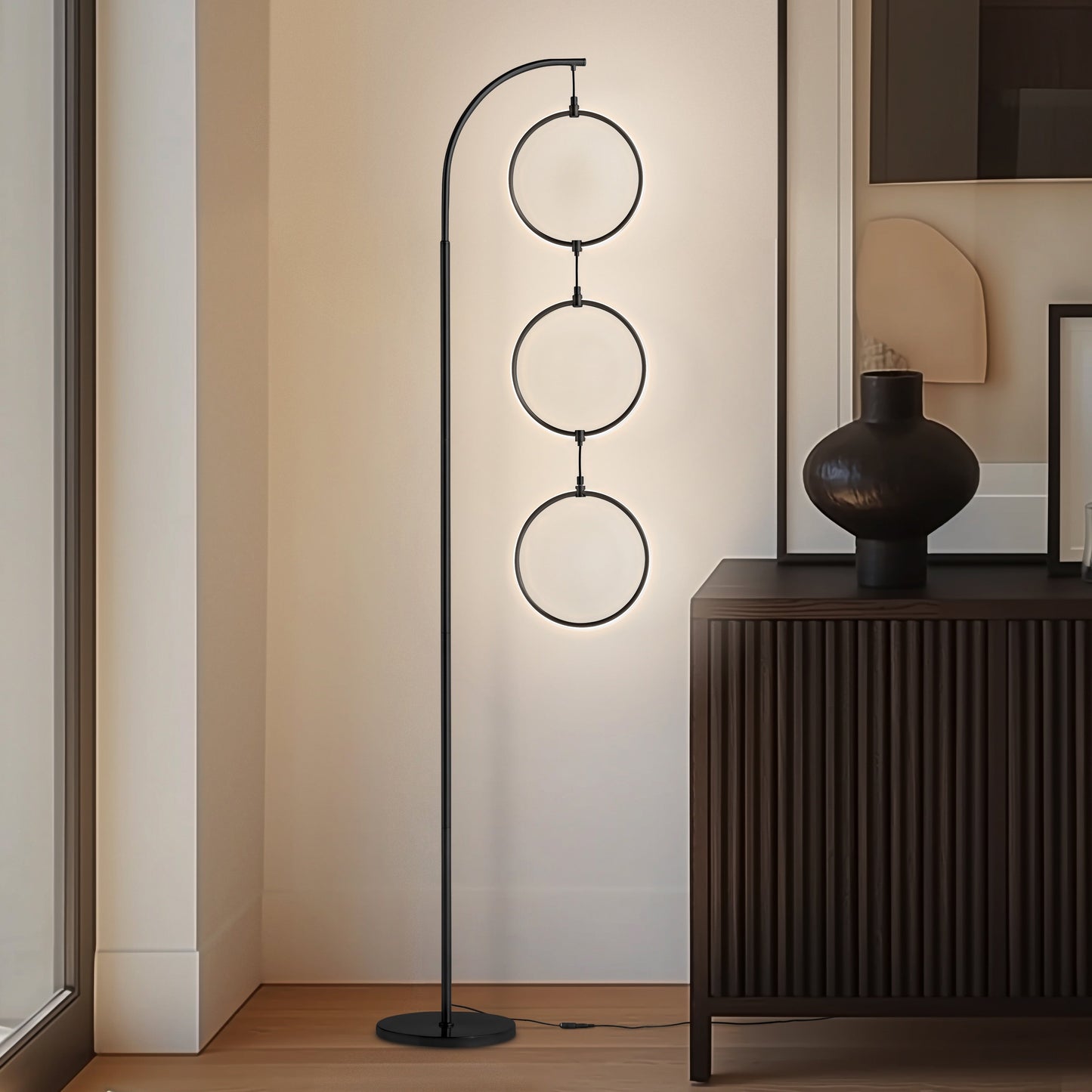 Lampada da terra super luminosa a LED Brightech Nova da 74 pollici con 3 anelli luminosi industriali e dimmer a 3 vie