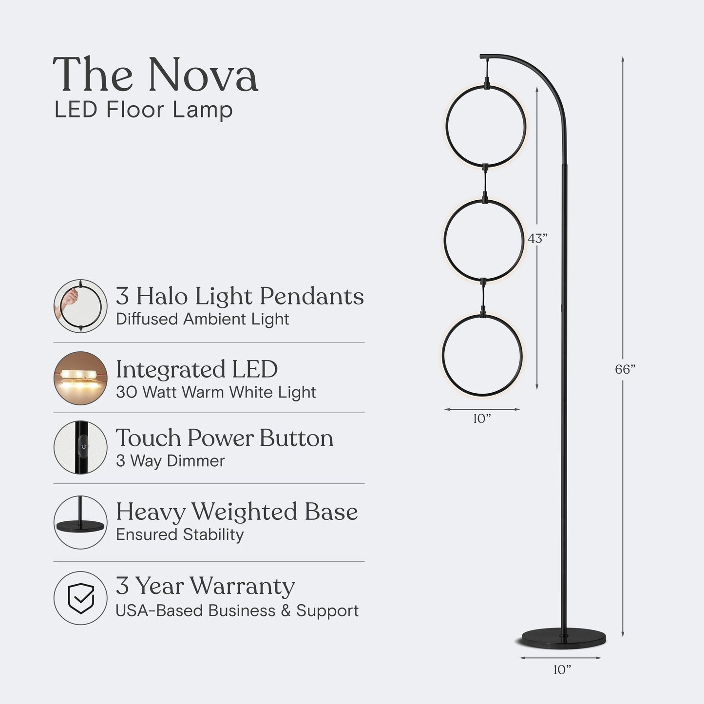 Lampada da terra super luminosa a LED Brightech Nova da 74 pollici con 3 anelli luminosi industriali e dimmer a 3 vie