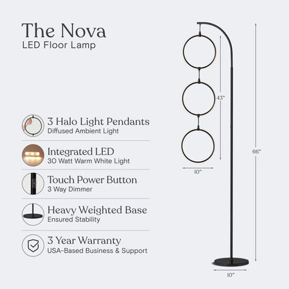 Lampada da terra super luminosa a LED Brightech Nova da 74 pollici con 3 anelli luminosi industriali e dimmer a 3 vie
