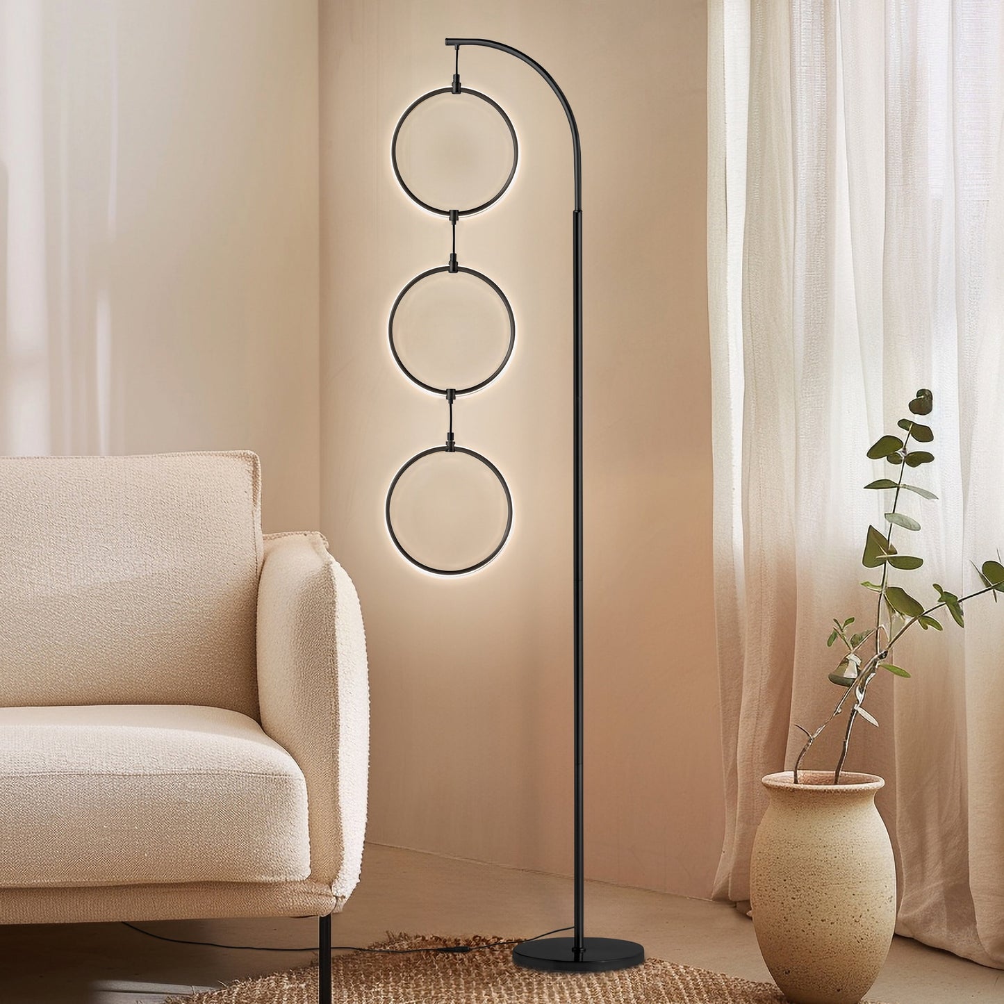 Lampada da terra super luminosa a LED Brightech Nova da 74 pollici con 3 anelli luminosi industriali e dimmer a 3 vie