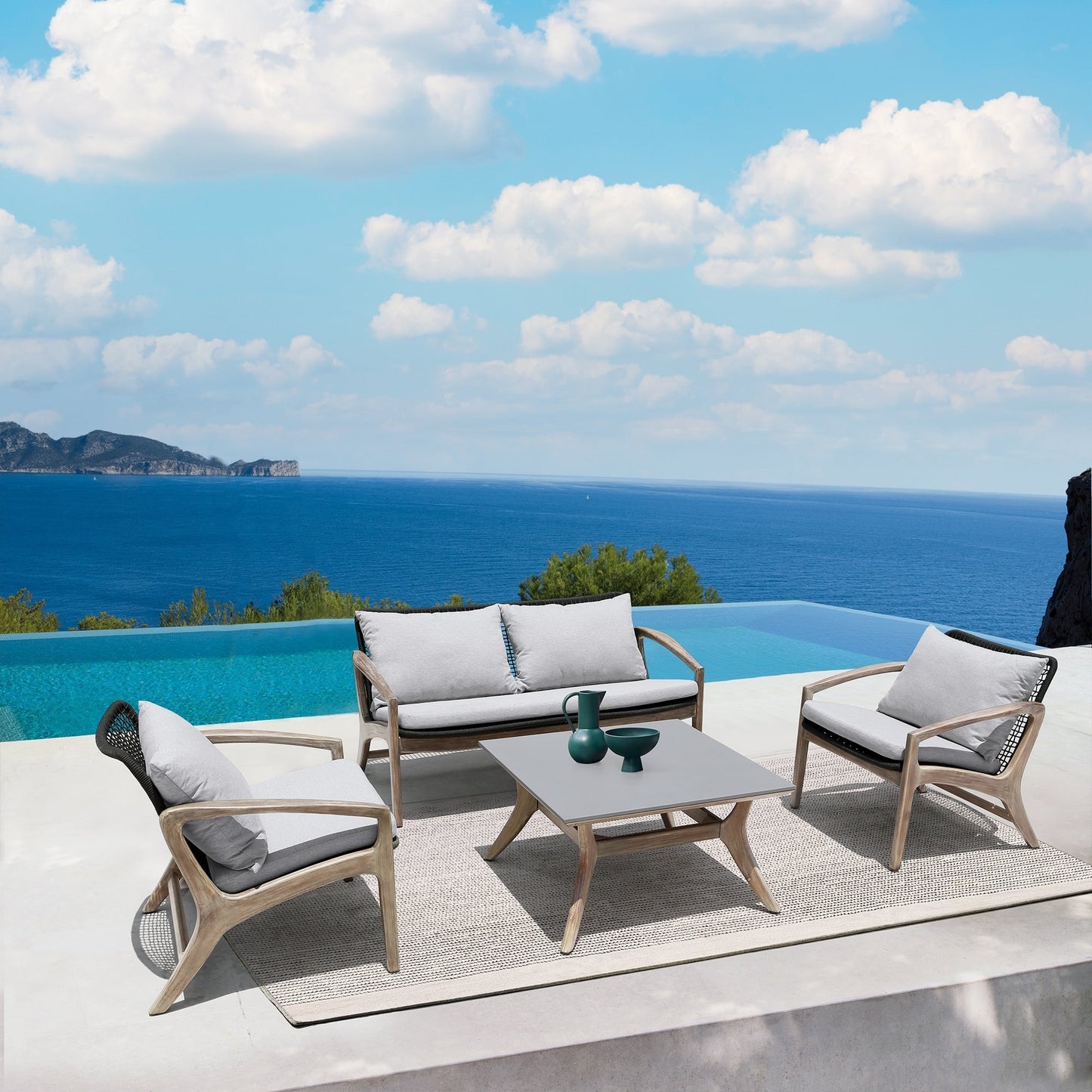 Set da chat Brighton in legno massello e corda, 4 pezzi