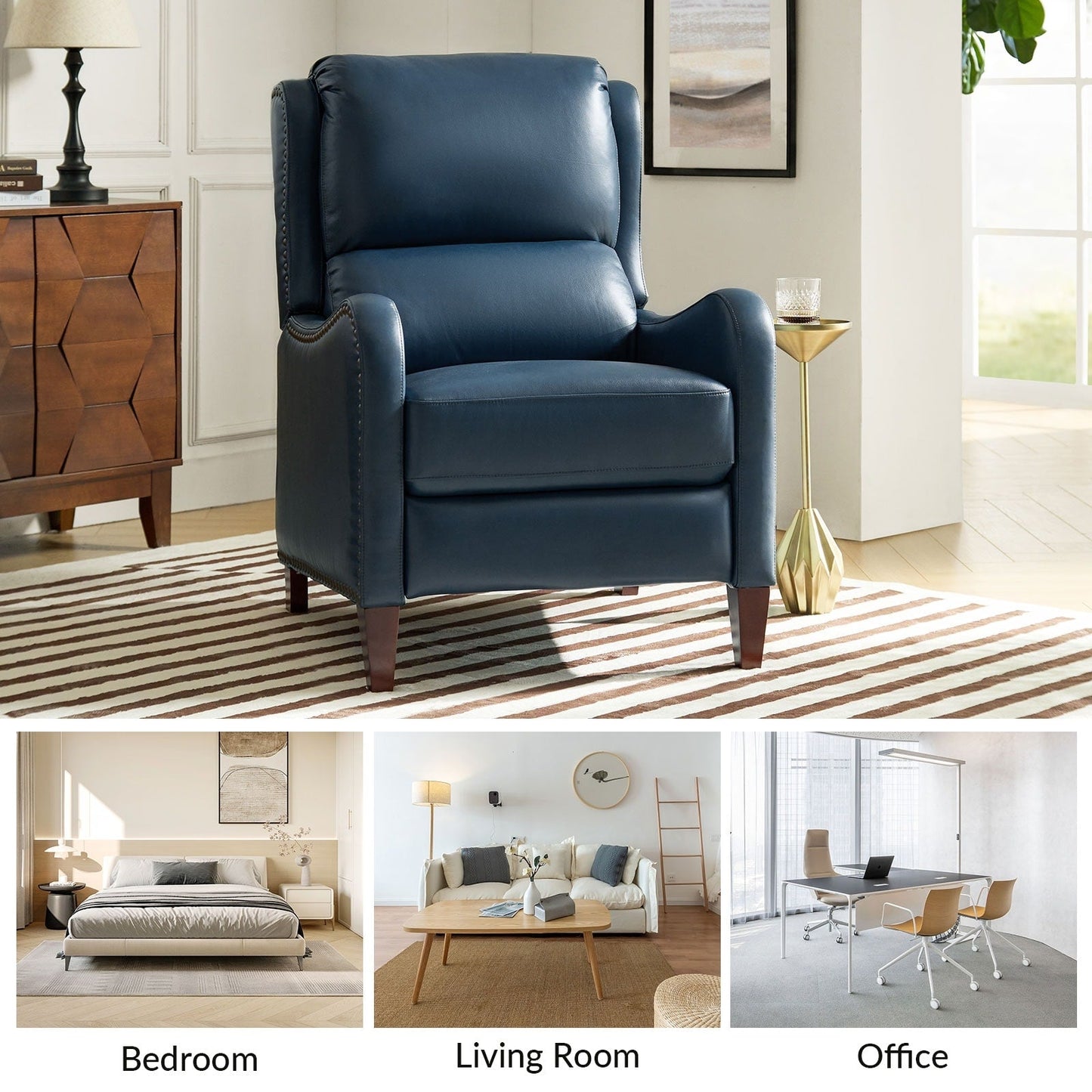 Poltrona reclinabile Brigida Modern in vera pelle con finiture in borchie e poggiapiedi regolabile, set da 2 di HULALA HOME