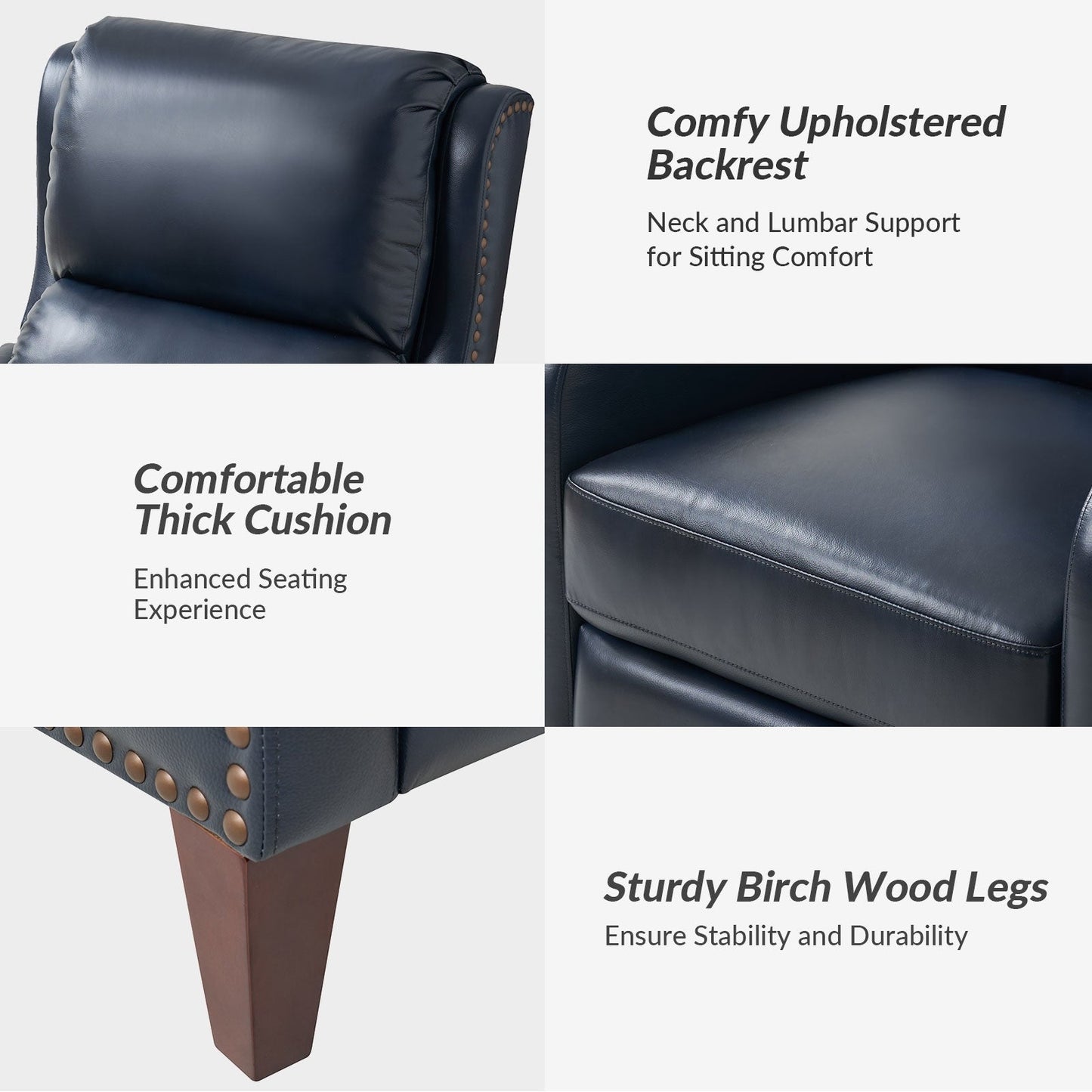 Poltrona reclinabile Brigida Modern in vera pelle con finiture in borchie e poggiapiedi regolabile, set da 2 di HULALA HOME