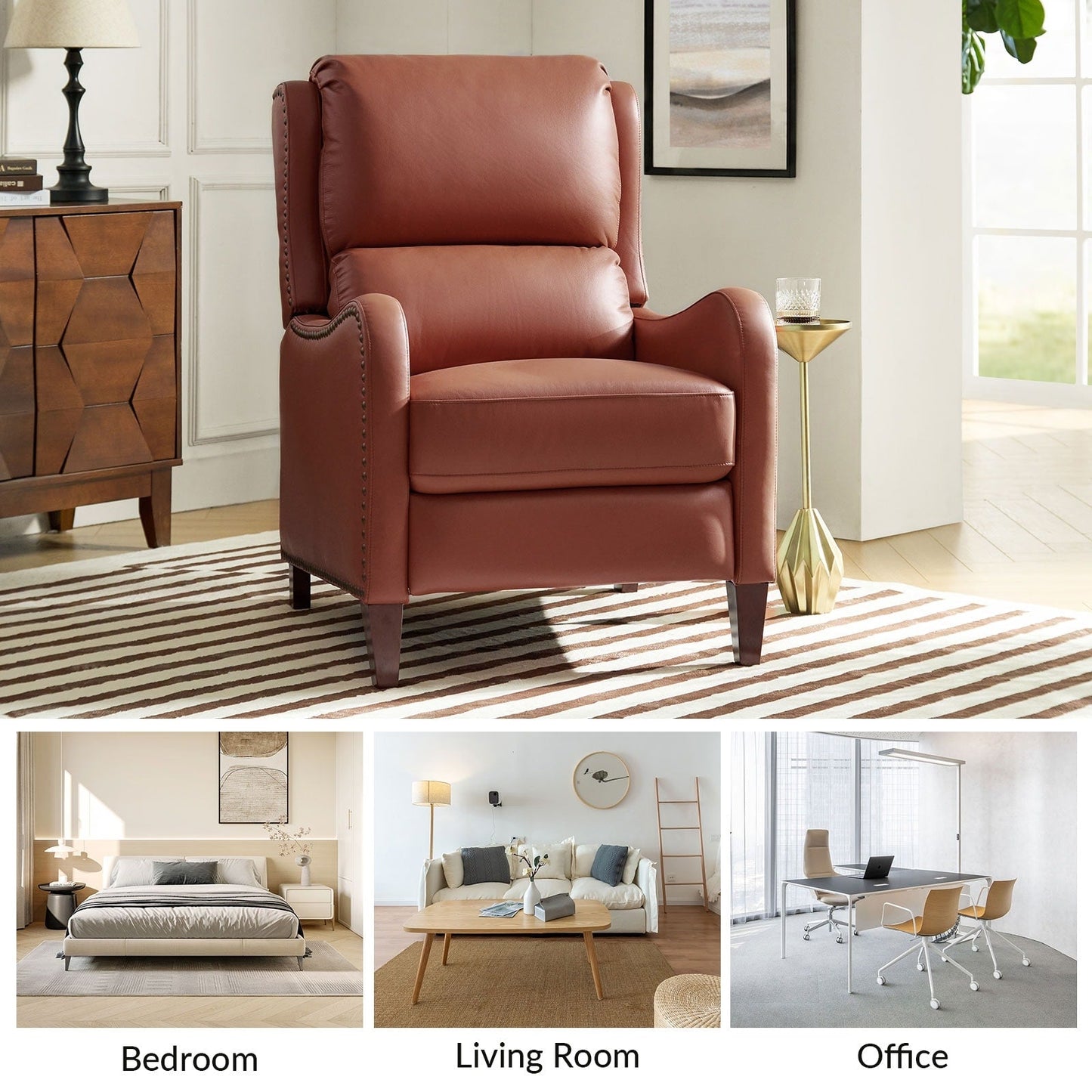 Poltrona reclinabile Brigida Modern in vera pelle con finiture in borchie e poggiapiedi regolabile, set da 2 di HULALA HOME