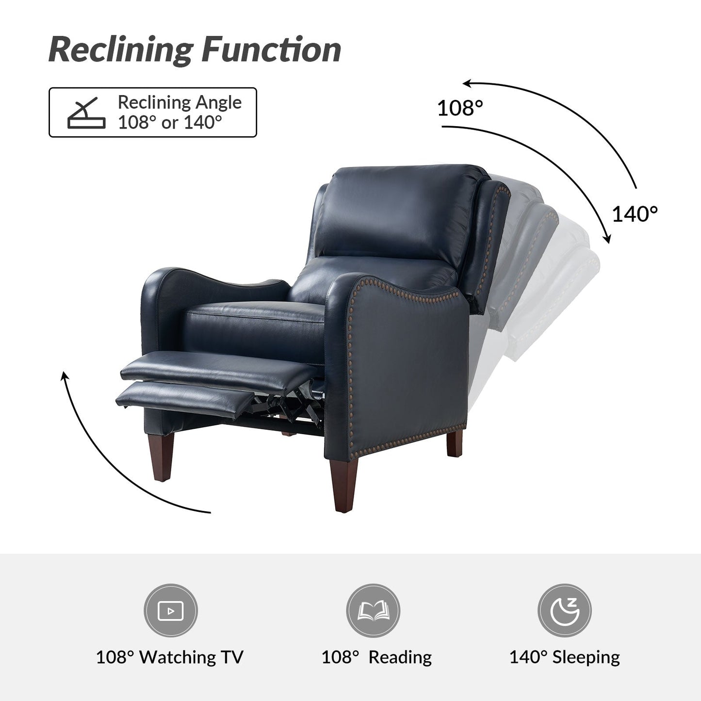 Poltrona reclinabile Brigida Modern in vera pelle con finiture in borchie e poggiapiedi regolabile, set da 2 di HULALA HOME