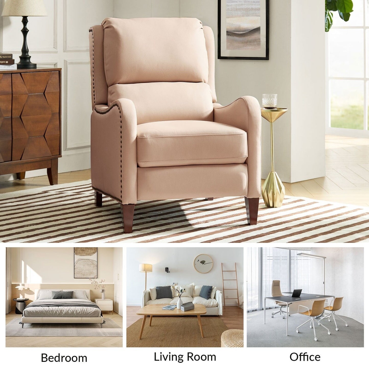 Poltrona reclinabile Brigida Modern in vera pelle con finiture in borchie e poggiapiedi regolabile, set da 2 di HULALA HOME