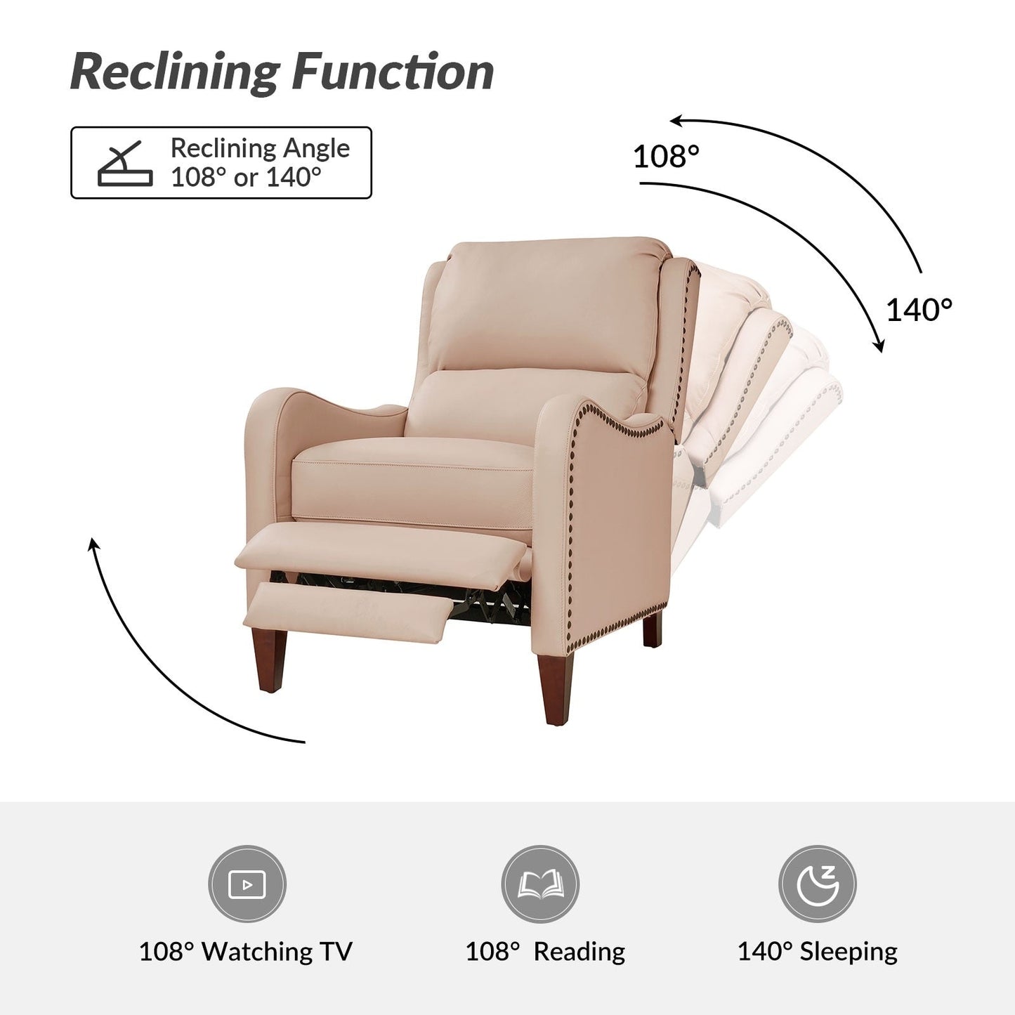 Poltrona reclinabile Brigida Modern in vera pelle con finiture in borchie e poggiapiedi regolabile, set da 2 di HULALA HOME