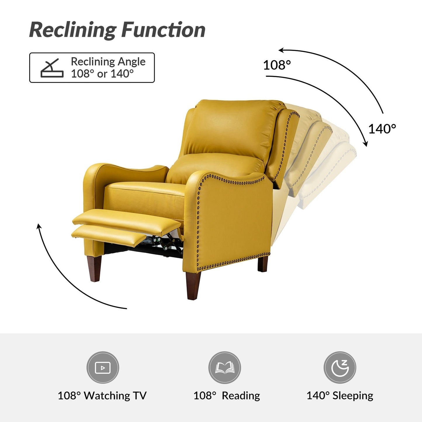 Poltrona reclinabile Brigida Modern in vera pelle con finiture in borchie e poggiapiedi regolabile, set da 2 di HULALA HOME