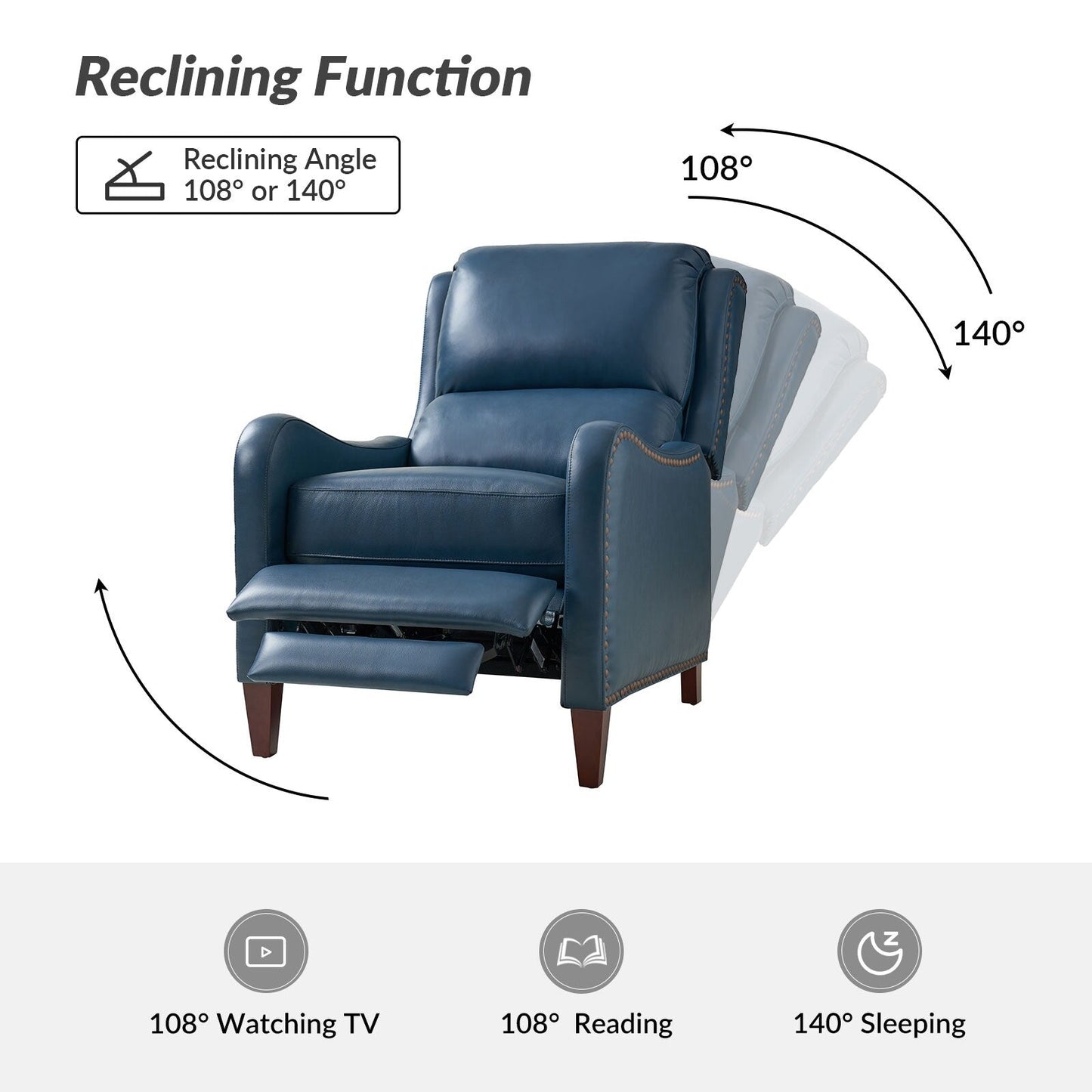 Poltrona reclinabile Brigida Modern in vera pelle con finiture in borchie e poggiapiedi regolabile, set da 2 di HULALA HOME