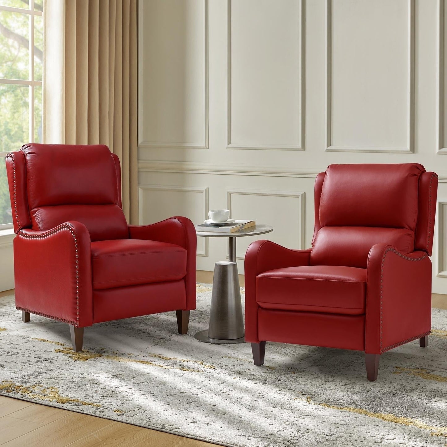 Poltrona reclinabile Brigida Modern in vera pelle con finiture in borchie e poggiapiedi regolabile, set da 2 di HULALA HOME