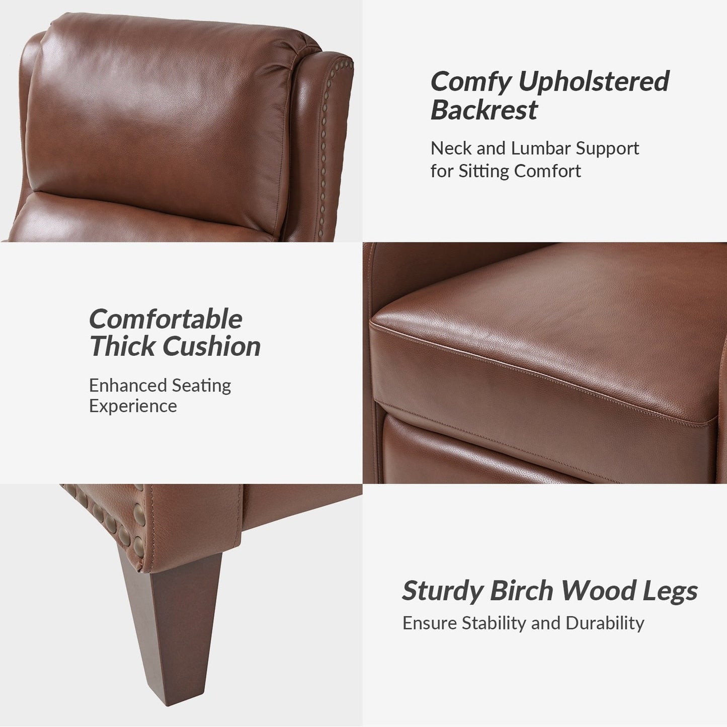 Poltrona reclinabile Brigida Modern in vera pelle con finiture in borchie e poggiapiedi regolabile, set da 2 di HULALA HOME