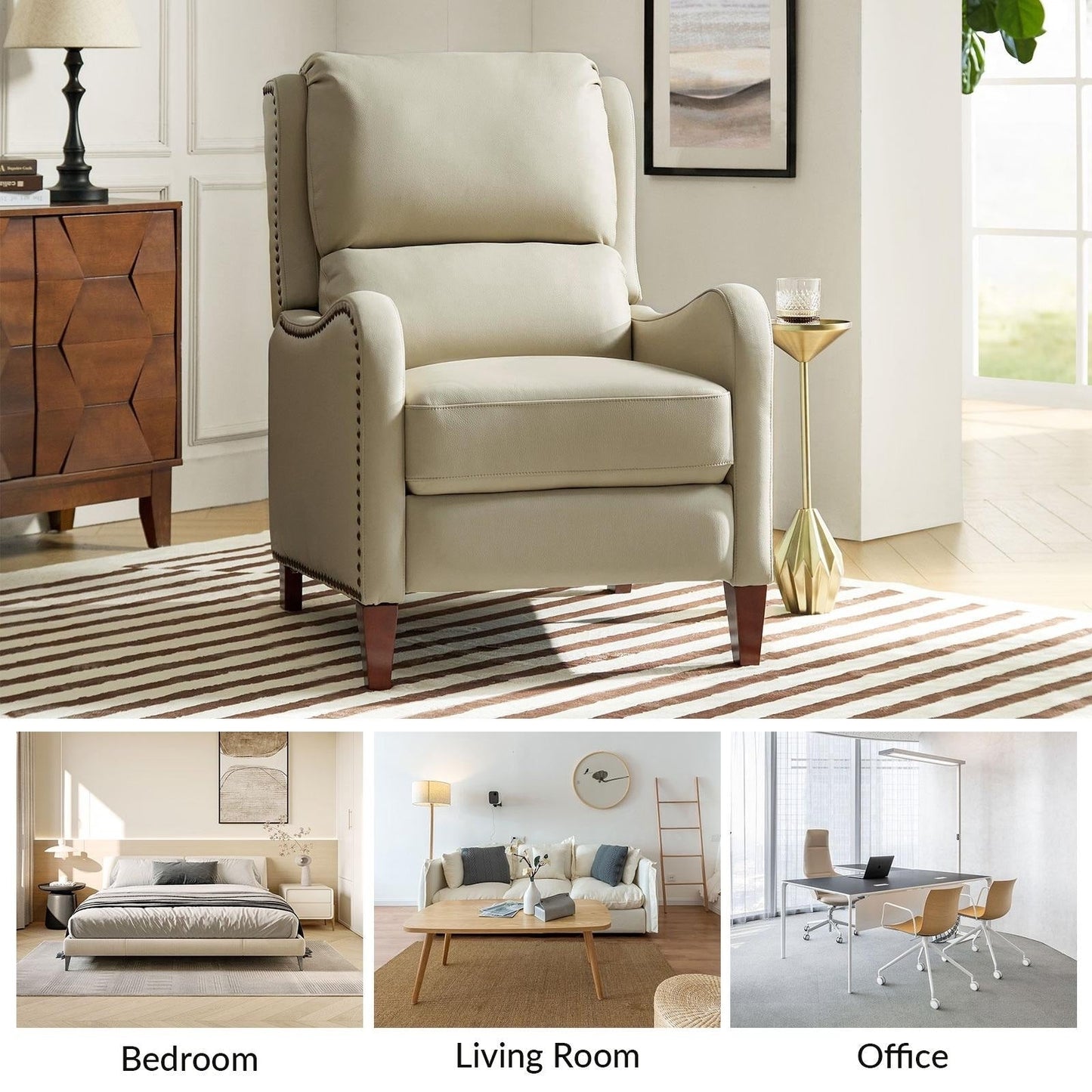 Poltrona reclinabile Brigida Modern in vera pelle con finiture in borchie e poggiapiedi regolabile, set da 2 di HULALA HOME