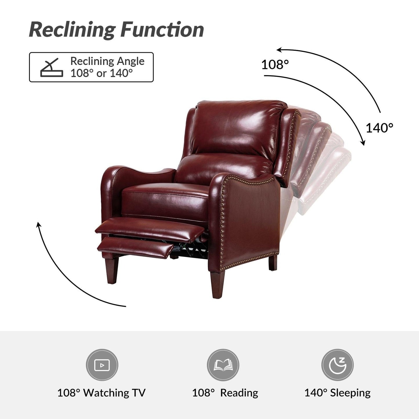 Poltrona reclinabile Brigida Modern in vera pelle con finiture in borchie e poggiapiedi regolabile, set da 2 di HULALA HOME