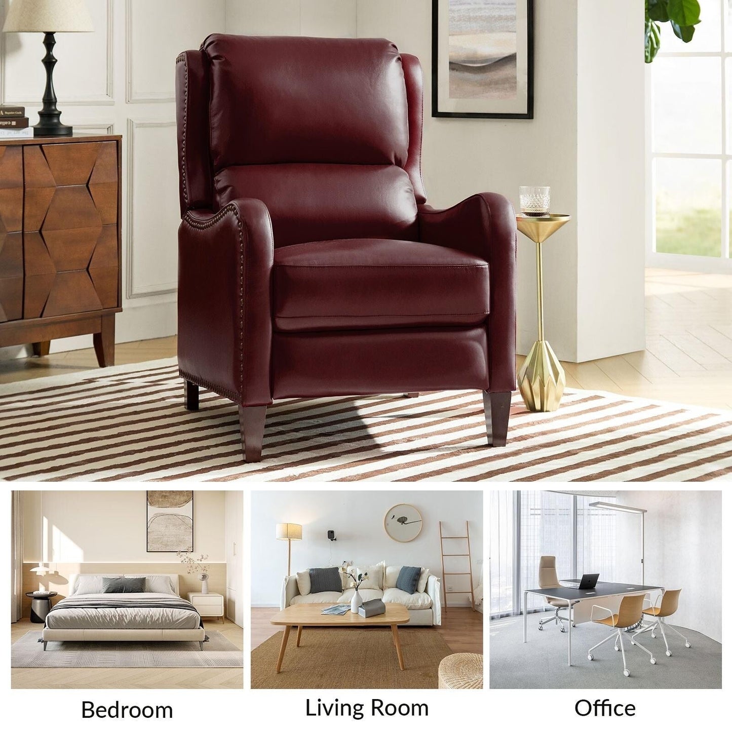 Poltrona reclinabile Brigida Modern in vera pelle con finiture in borchie e poggiapiedi regolabile, set da 2 di HULALA HOME