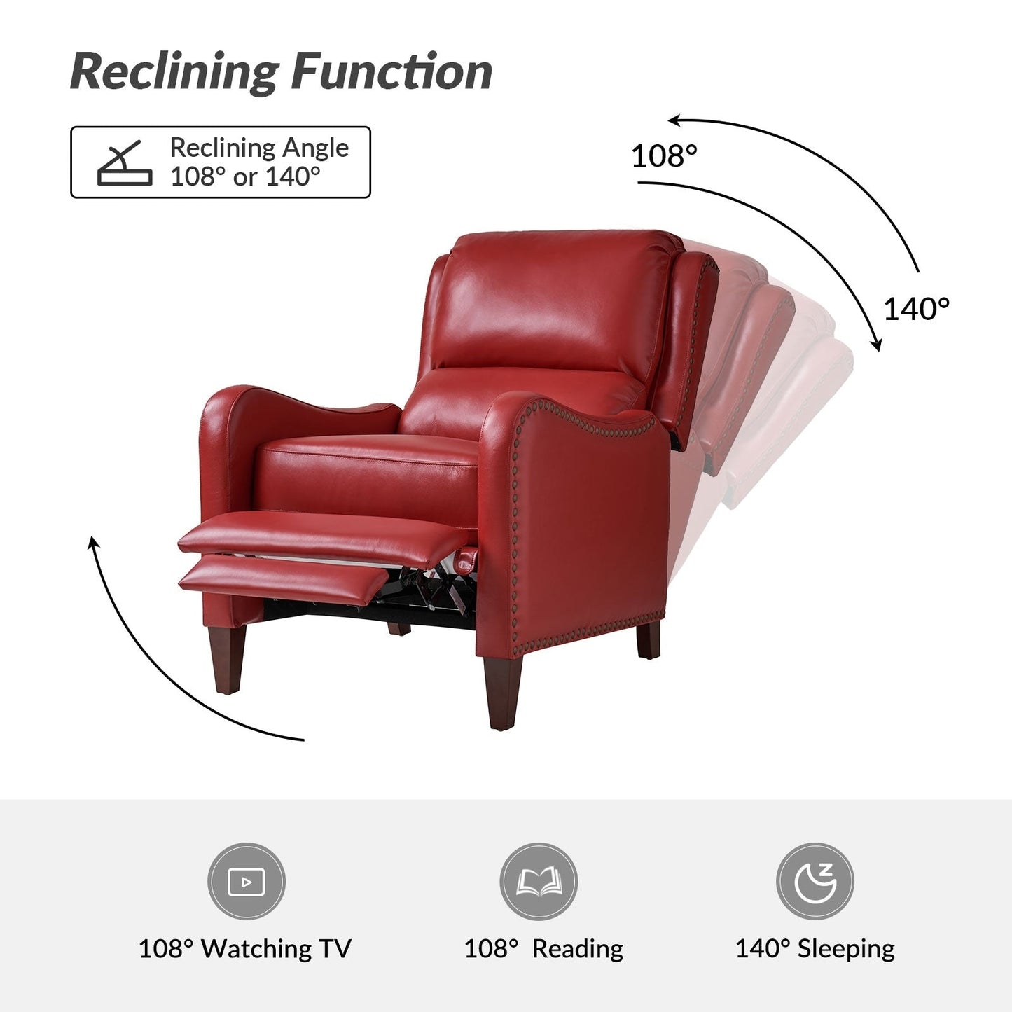 Poltrona reclinabile Brigida Modern in vera pelle con finiture in borchie e poggiapiedi regolabile, set da 2 di HULALA HOME