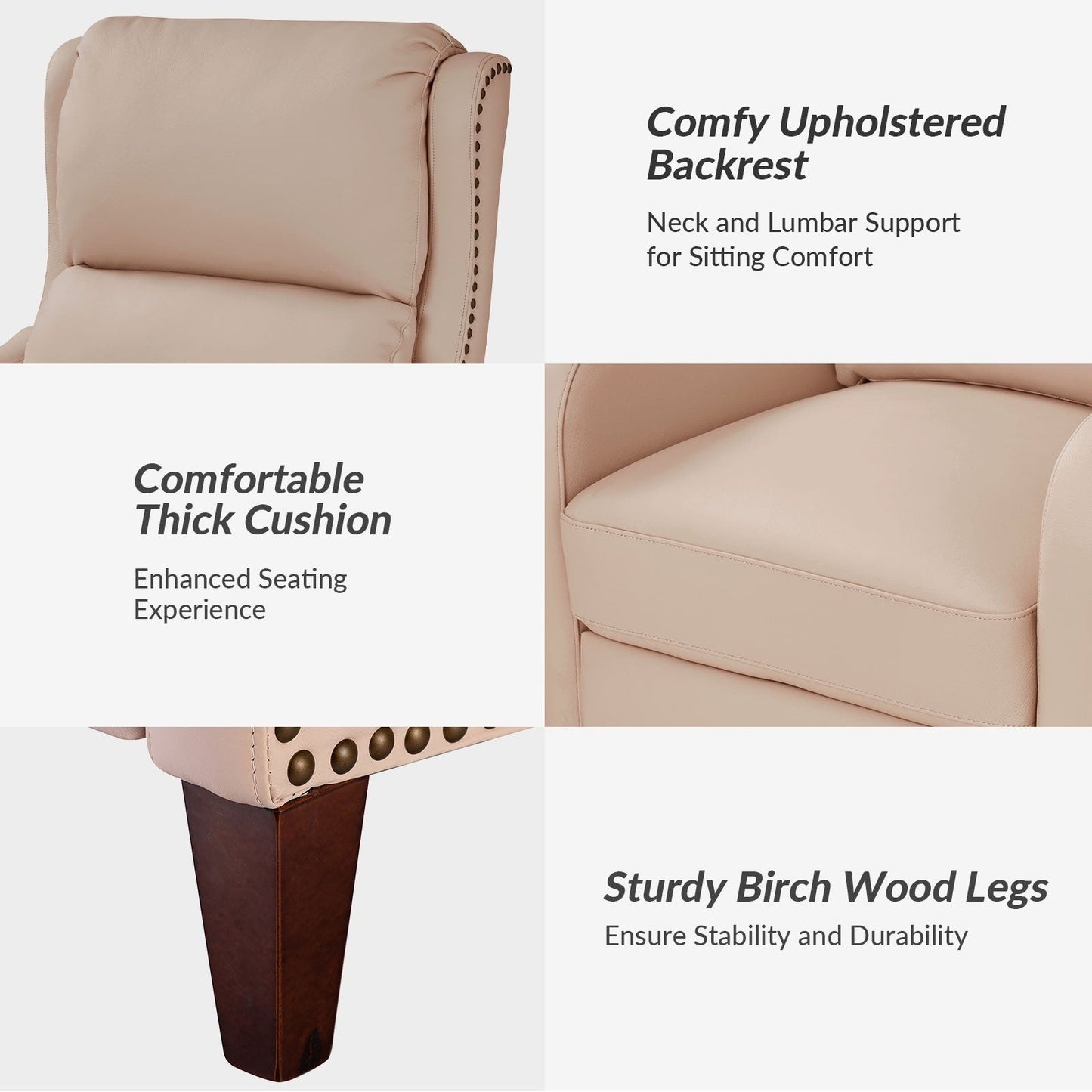 Poltrona reclinabile Brigida Modern in vera pelle con finiture in borchie e poggiapiedi regolabile, set da 2 di HULALA HOME