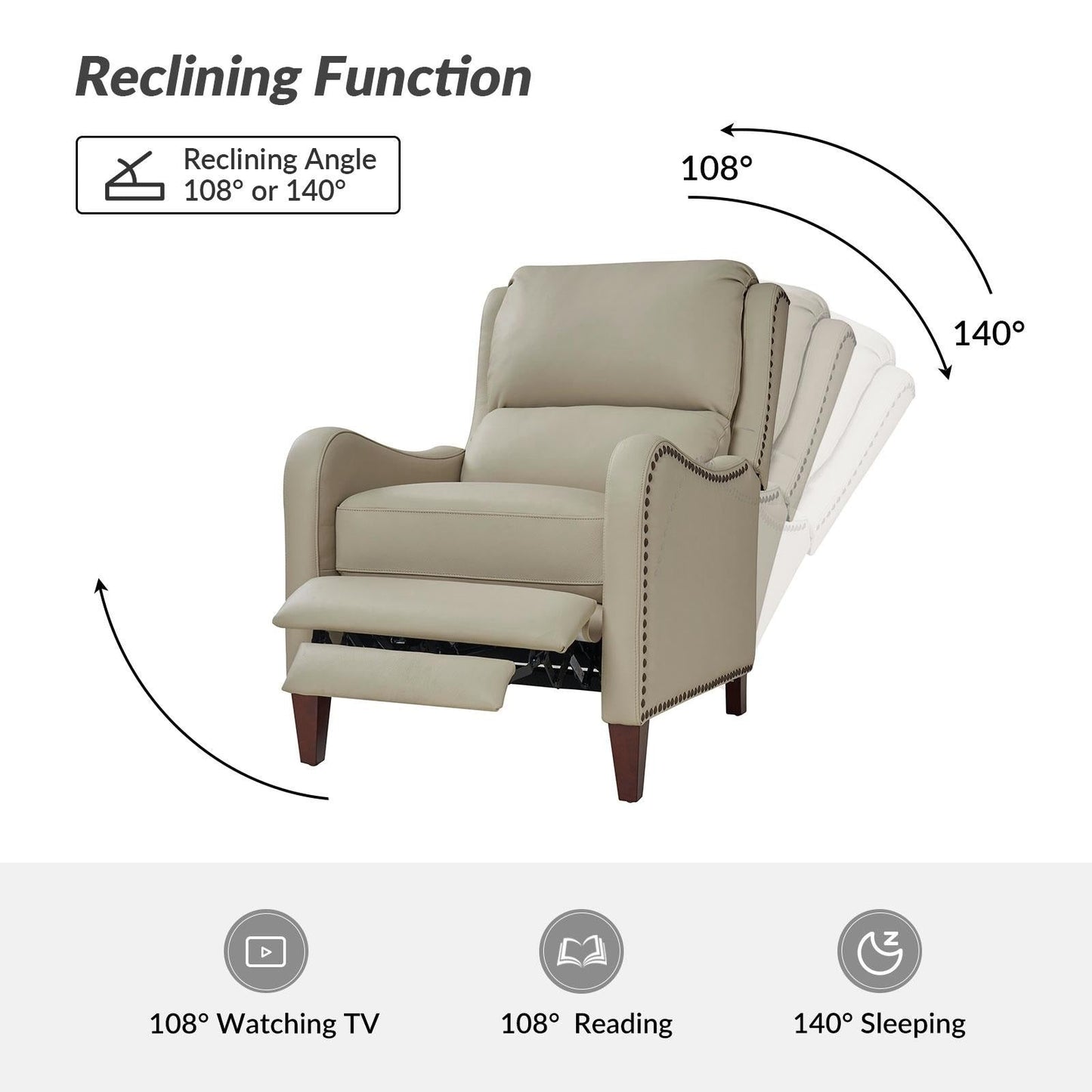 Poltrona reclinabile Brigida Modern in vera pelle con finiture in borchie e poggiapiedi regolabile, set da 2 di HULALA HOME