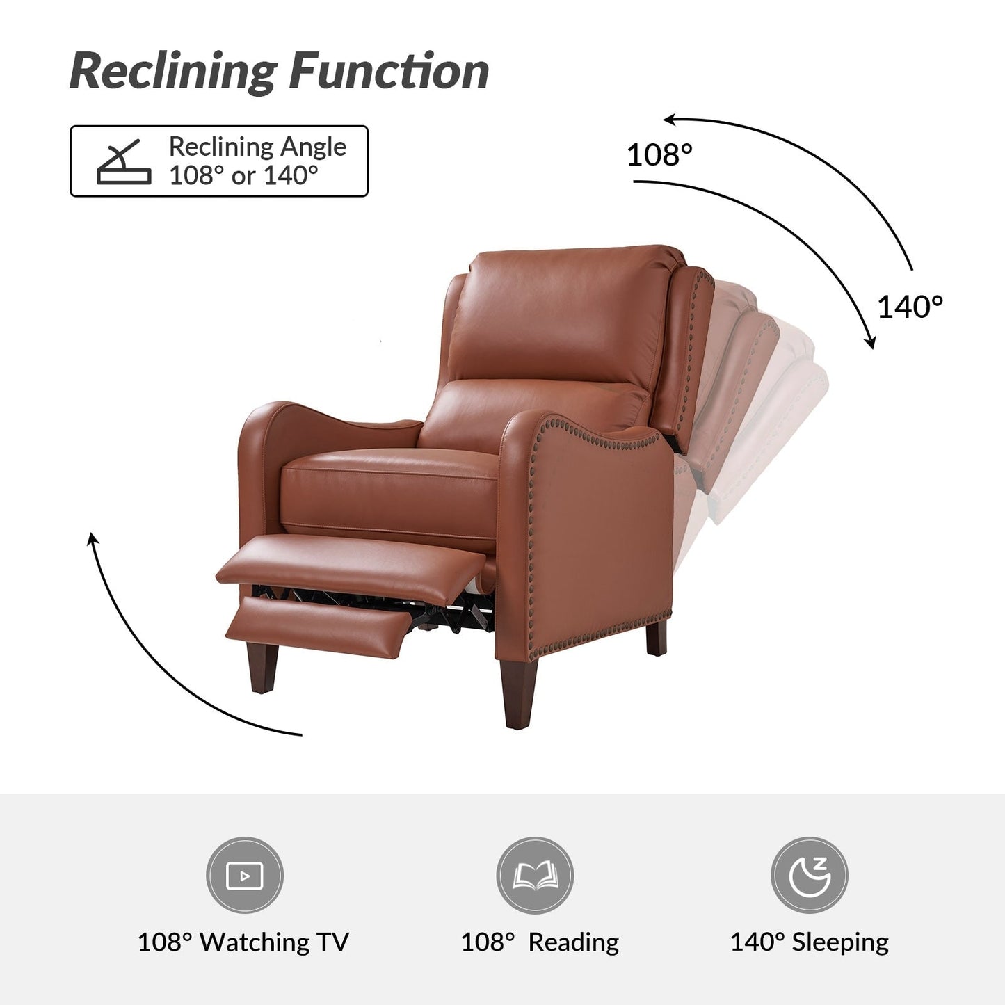 Poltrona reclinabile Brigida Modern in vera pelle con finiture in borchie e poggiapiedi regolabile, set da 2 di HULALA HOME