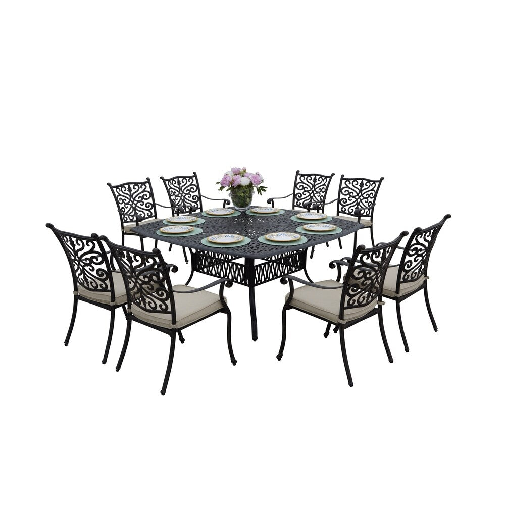 Set da pranzo da patio da 9 pezzi con cuscini e tavolo da pranzo quadrato da 64''