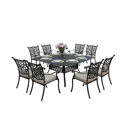 Set da pranzo da patio da 9 pezzi con cuscini e tavolo da pranzo quadrato da 64''