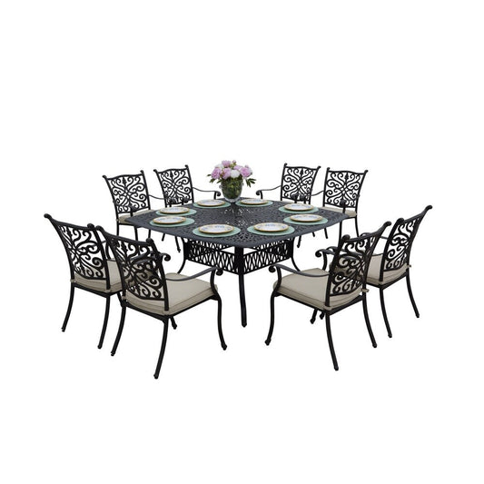 Set da pranzo da patio da 9 pezzi con cuscini e tavolo da pranzo quadrato da 64''