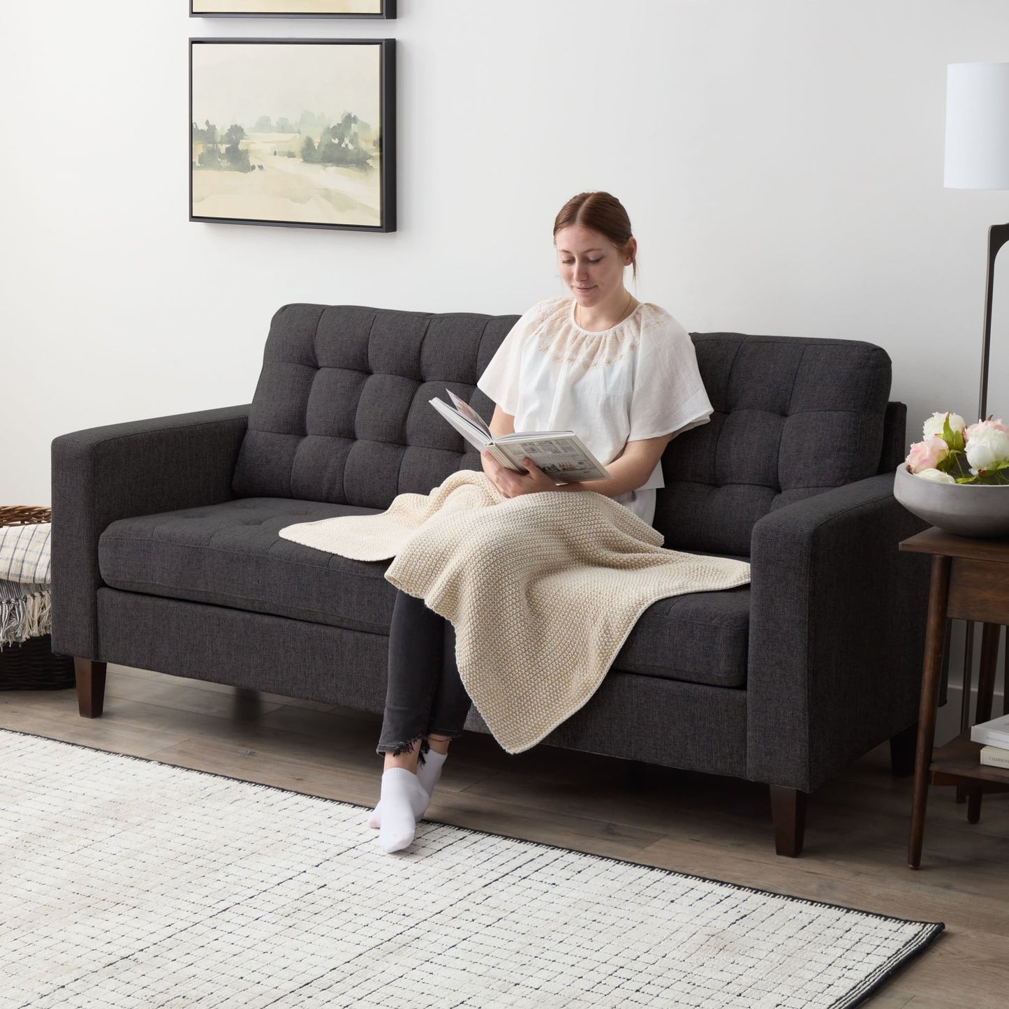 Divano Brookside Brynn da 76 pollici con braccioli quadrati in similpelle/velluto/tessuto