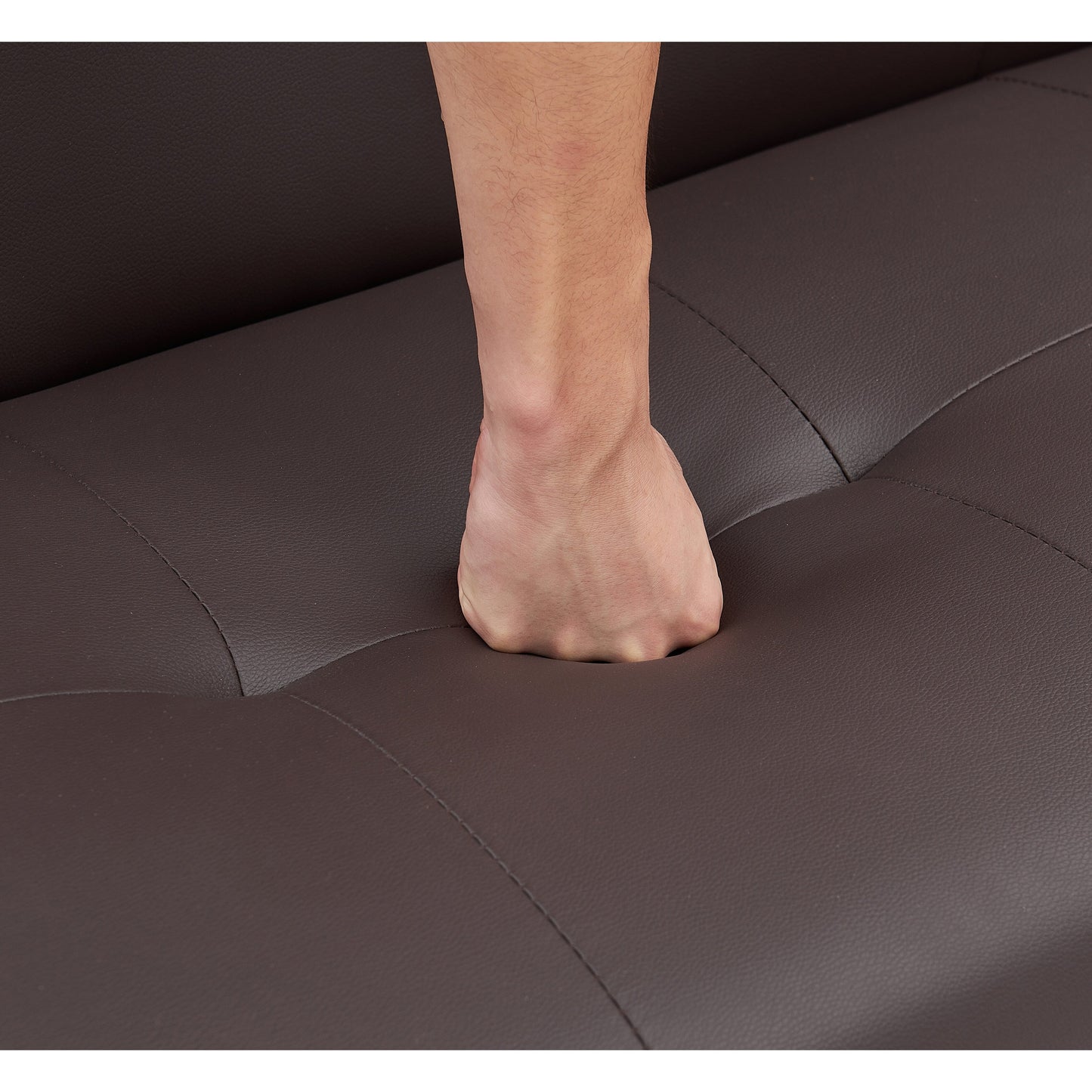 Divano letto a due posti in similpelle marrone 67 con 2 portabicchieri e gambe in acciaio inox per soggiorno