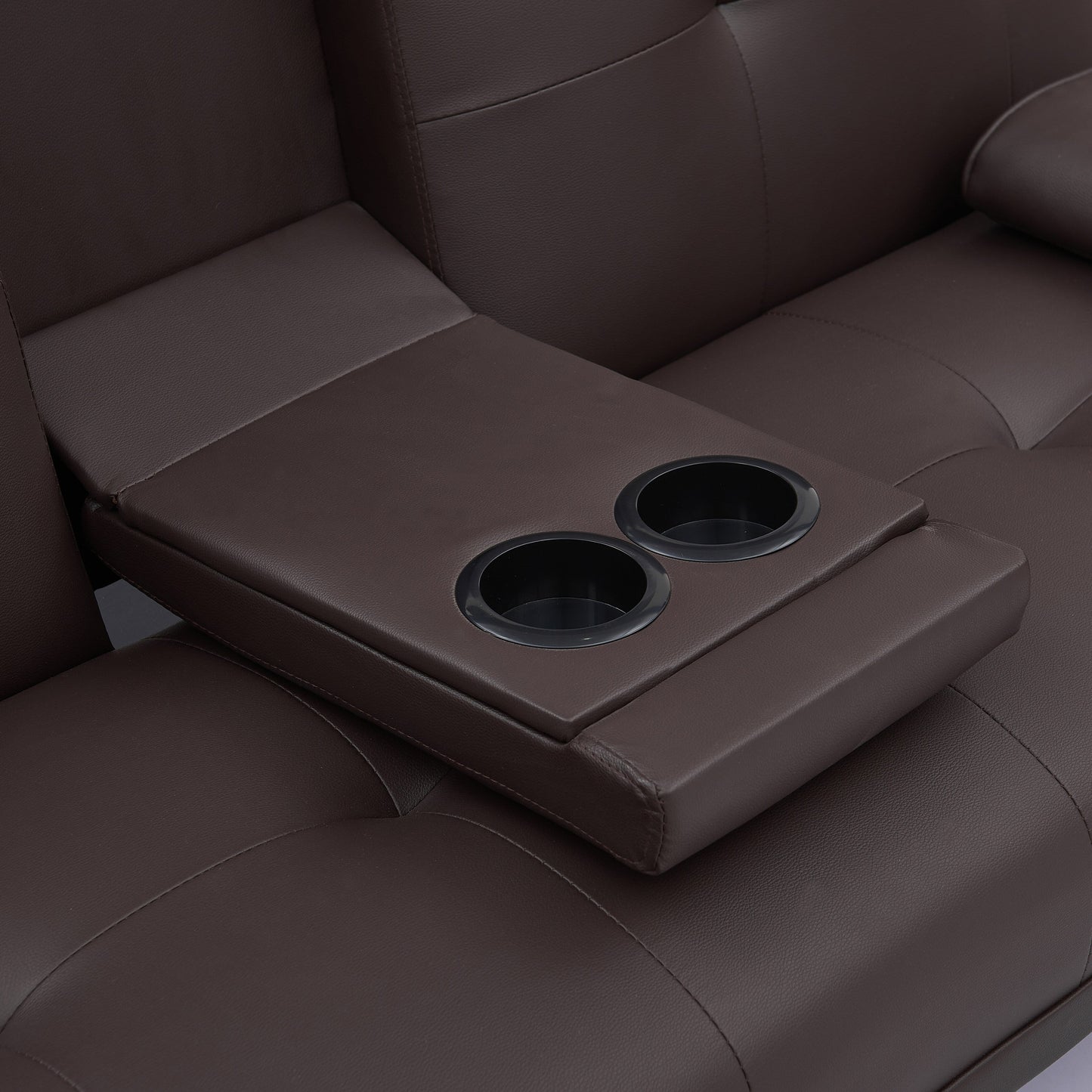 Divano letto a due posti in similpelle marrone 67 con 2 portabicchieri e gambe in acciaio inox per soggiorno