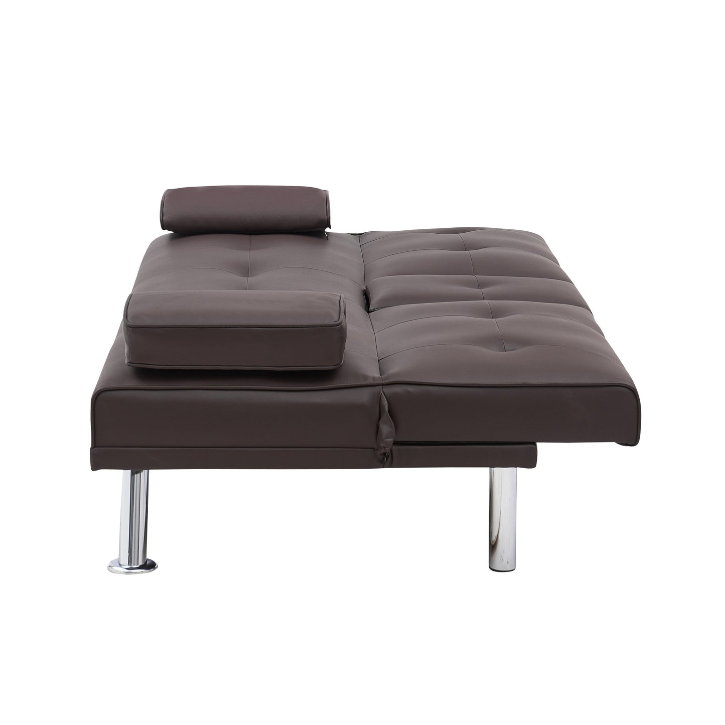 Divano letto a due posti in similpelle marrone 67 con 2 portabicchieri e gambe in acciaio inox per soggiorno