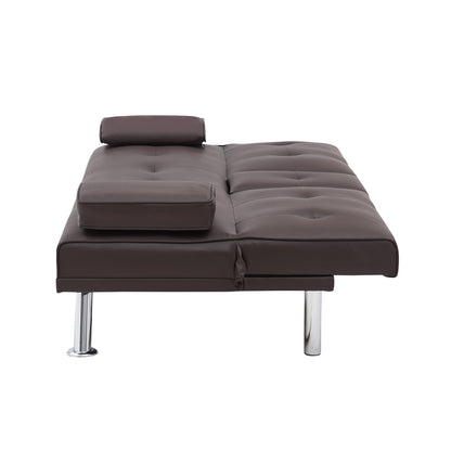 Divano letto a due posti in similpelle marrone 67 con 2 portabicchieri e gambe in acciaio inox per soggiorno