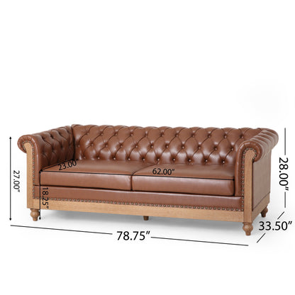 Divano a 3 posti in similpelle marrone da 78,75'' con gambe in legno, eleganti dettagli con rivetti e schienale con linguetta estraibile