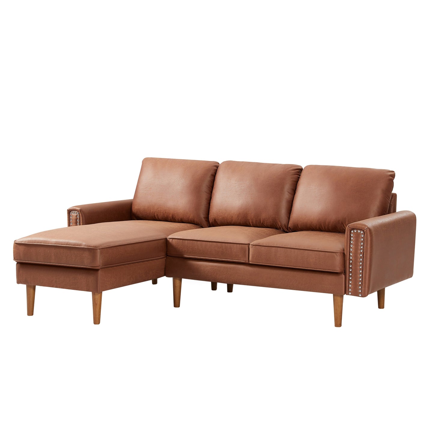 Divano a 3 posti a forma di L in pelle PU marrone da 82,2'' con chaise longue sinistra e borchie, dettagli in chiodi di rame, gambe in legno resistenti