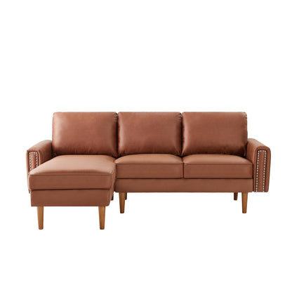 Divano a 3 posti a forma di L in pelle PU marrone da 82,2'' con chaise longue sinistra e borchie, dettagli in chiodi di rame, gambe in legno resistenti