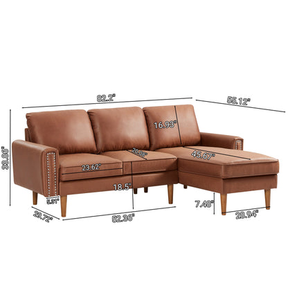 Divano a 3 posti a forma di L in pelle PU marrone da 82,2'' con chaise longue sinistra e borchie, dettagli in chiodi di rame, gambe in legno resistenti
