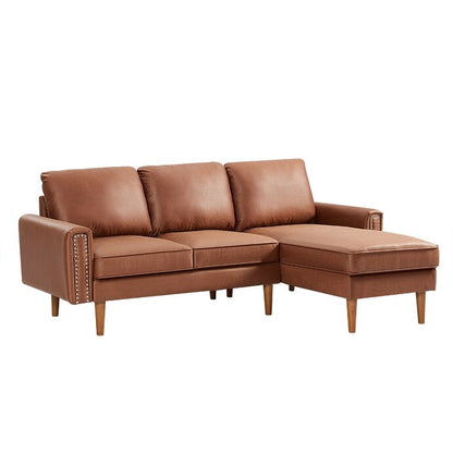Divano a 3 posti a forma di L in pelle PU marrone da 82,2'' con chaise longue sinistra e borchie, dettagli in chiodi di rame, gambe in legno resistenti