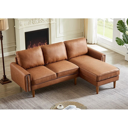 Divano a 3 posti a forma di L in pelle PU marrone da 82,2'' con chaise longue sinistra e borchie, dettagli in chiodi di rame, gambe in legno resistenti