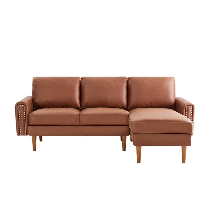 Divano a 3 posti a forma di L in pelle PU marrone da 82,2'' con chaise longue sinistra e borchie, dettagli in chiodi di rame, gambe in legno resistenti