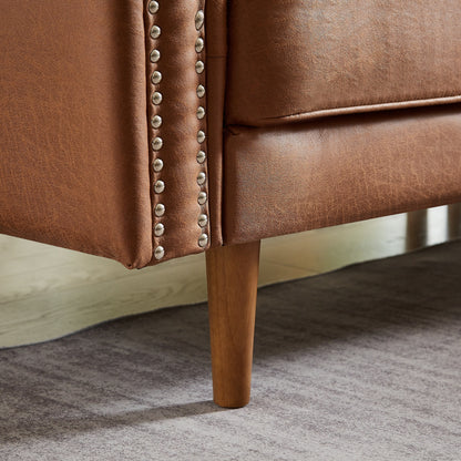 Divano a 3 posti a forma di L in pelle PU marrone da 82,2'' con chaise longue sinistra e borchie, dettagli in chiodi di rame, gambe in legno resistenti