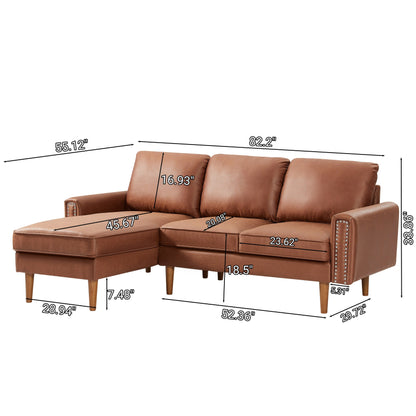 Divano a 3 posti a forma di L in pelle PU marrone da 82,2'' con chaise longue sinistra e borchie, dettagli in chiodi di rame, gambe in legno resistenti