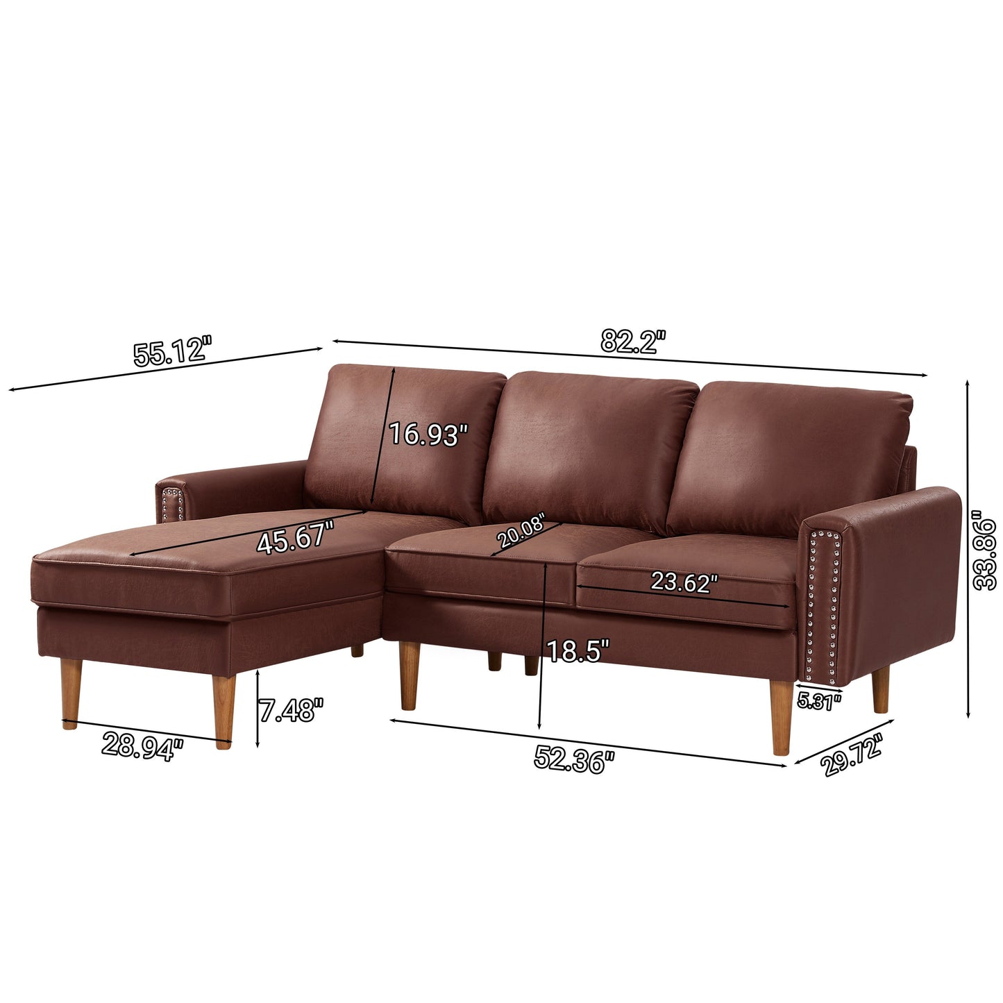 Divano a L in pelle scamosciata marrone da 82,2'': chaise longue sinistra, struttura in legno massello e finiture con borchie in rame