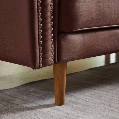 Divano a L in pelle scamosciata marrone da 82,2'': chaise longue destra, struttura in legno massello e dettagli con borchie in rame