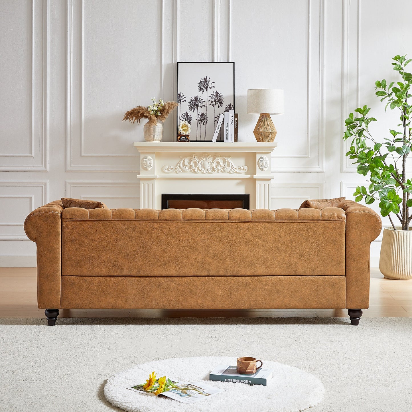 Divano Chesterfield a 3 posti con braccioli arrotolati in tessuto tecnico marrone 85,5 e 2 cuscini per soggiorno