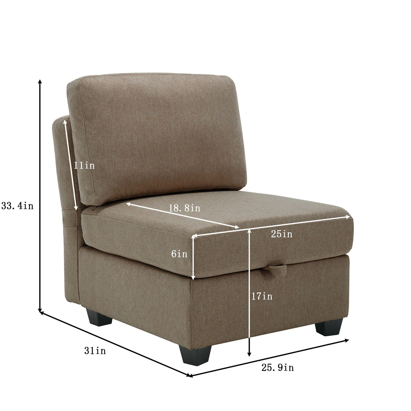 Divano componibile modulare marrone da 87,9'' a 3 posti con pouf, braccioli e schienali regolabili, sedili contenitore e cuscini spessi